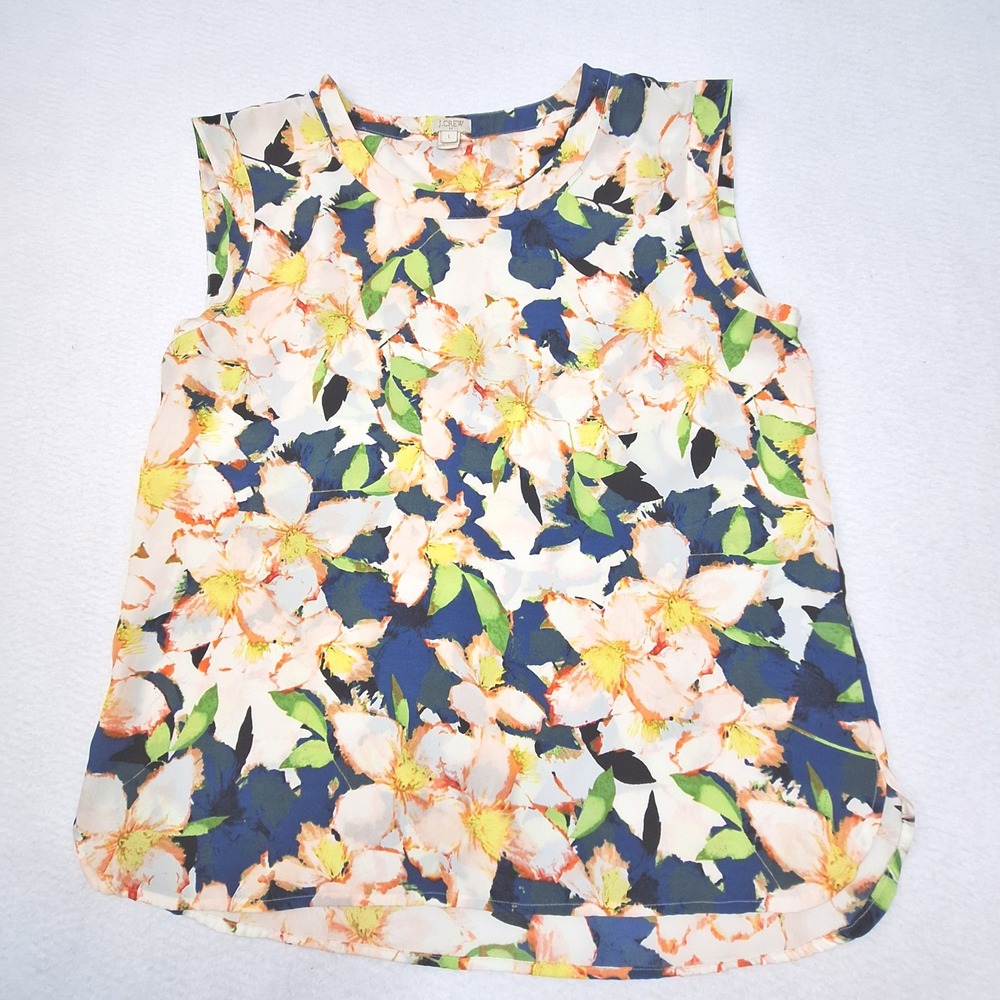 J Crew Floral Blouse Womens Large Blue Orange Sleeveless Shell Summer Top - Picture 1 of 6